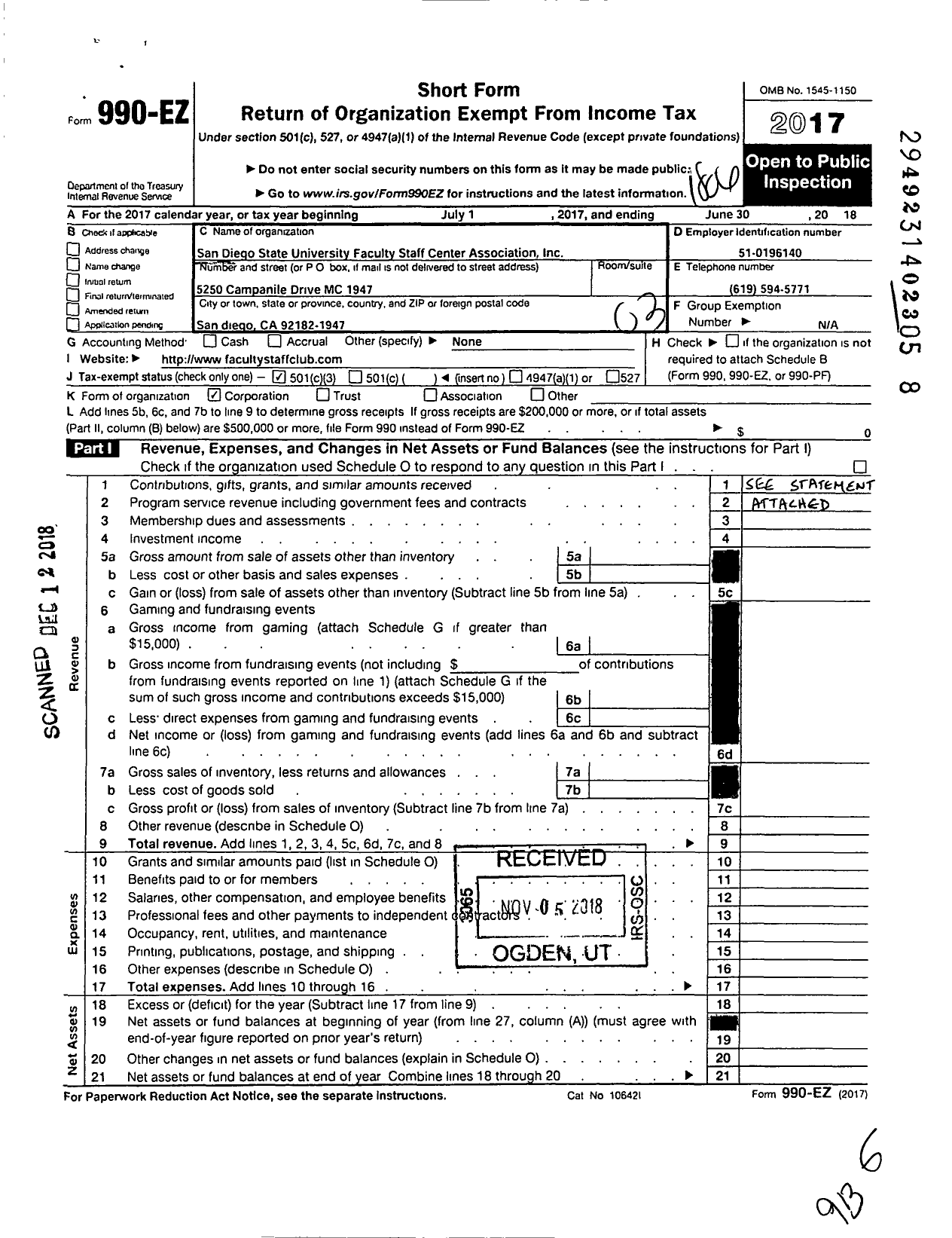 Image of first page of 2017 Form 990EZ for San Diego State University Faculty Staff Center Association