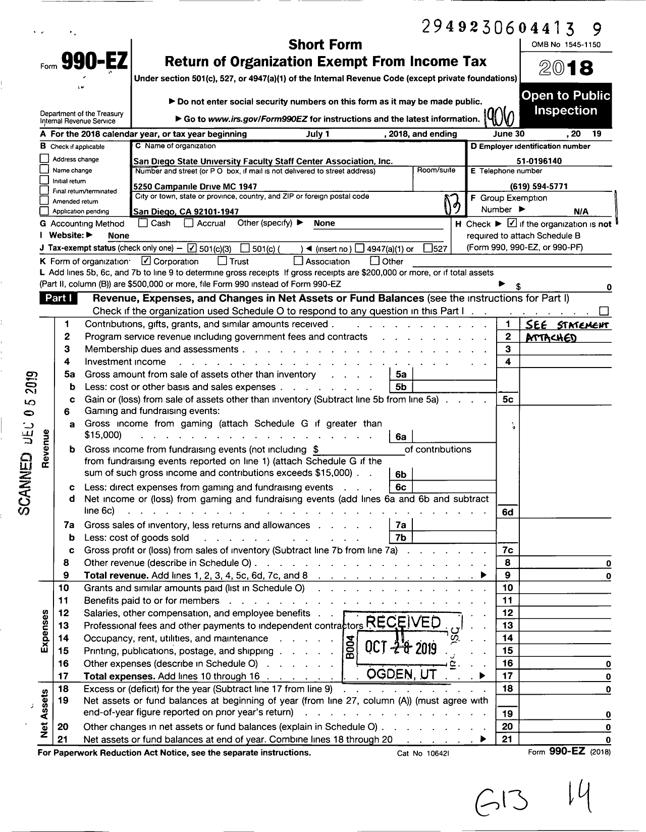 Image of first page of 2018 Form 990EZ for San Diego State University Faculty Staff Center Association