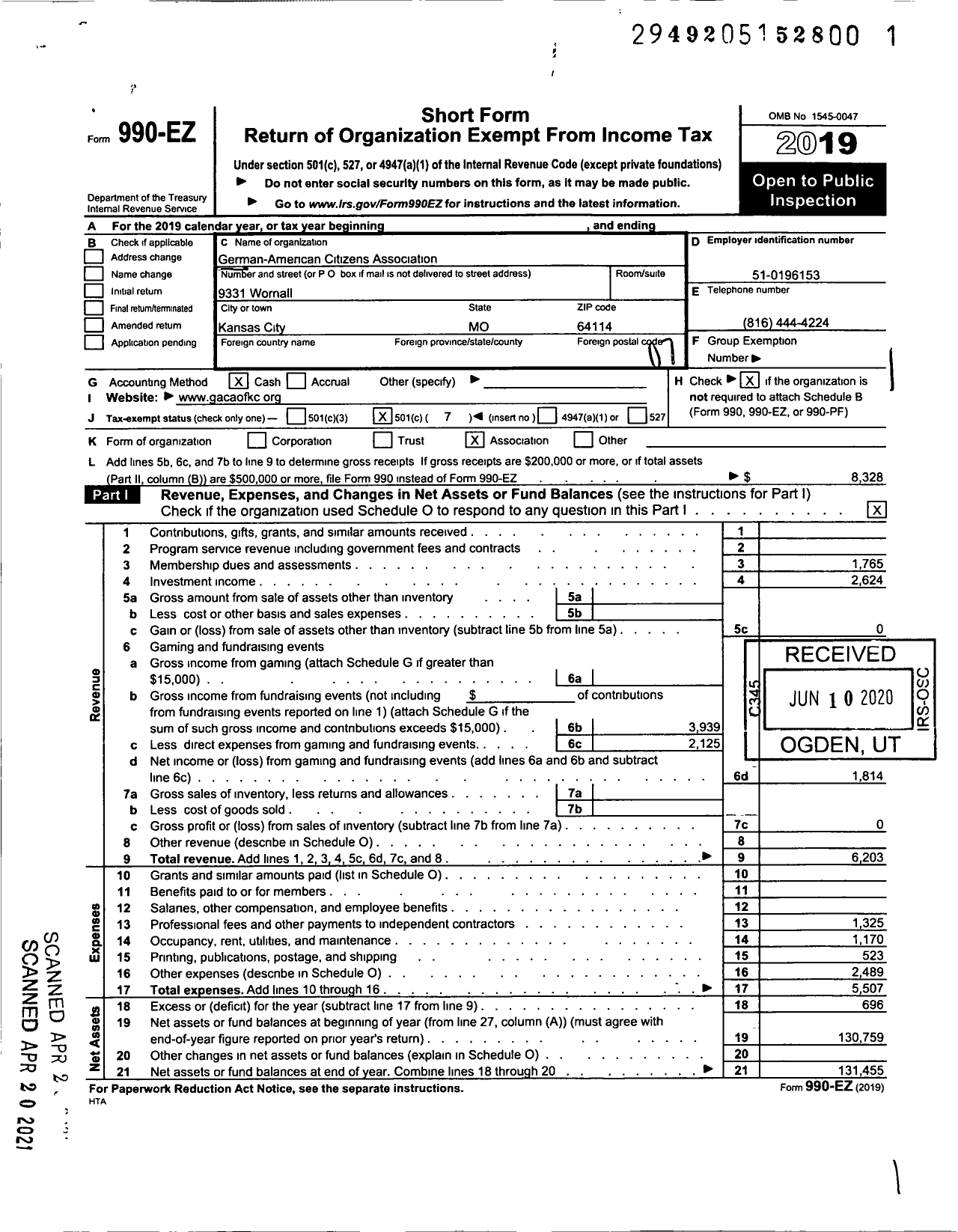 Image of first page of 2019 Form 990EO for German-American Citizens Association