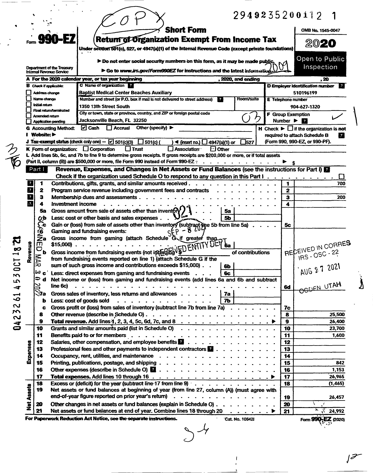 Image of first page of 2019 Form 990EZ for Baptist Medical Center Beaches Auxiliary