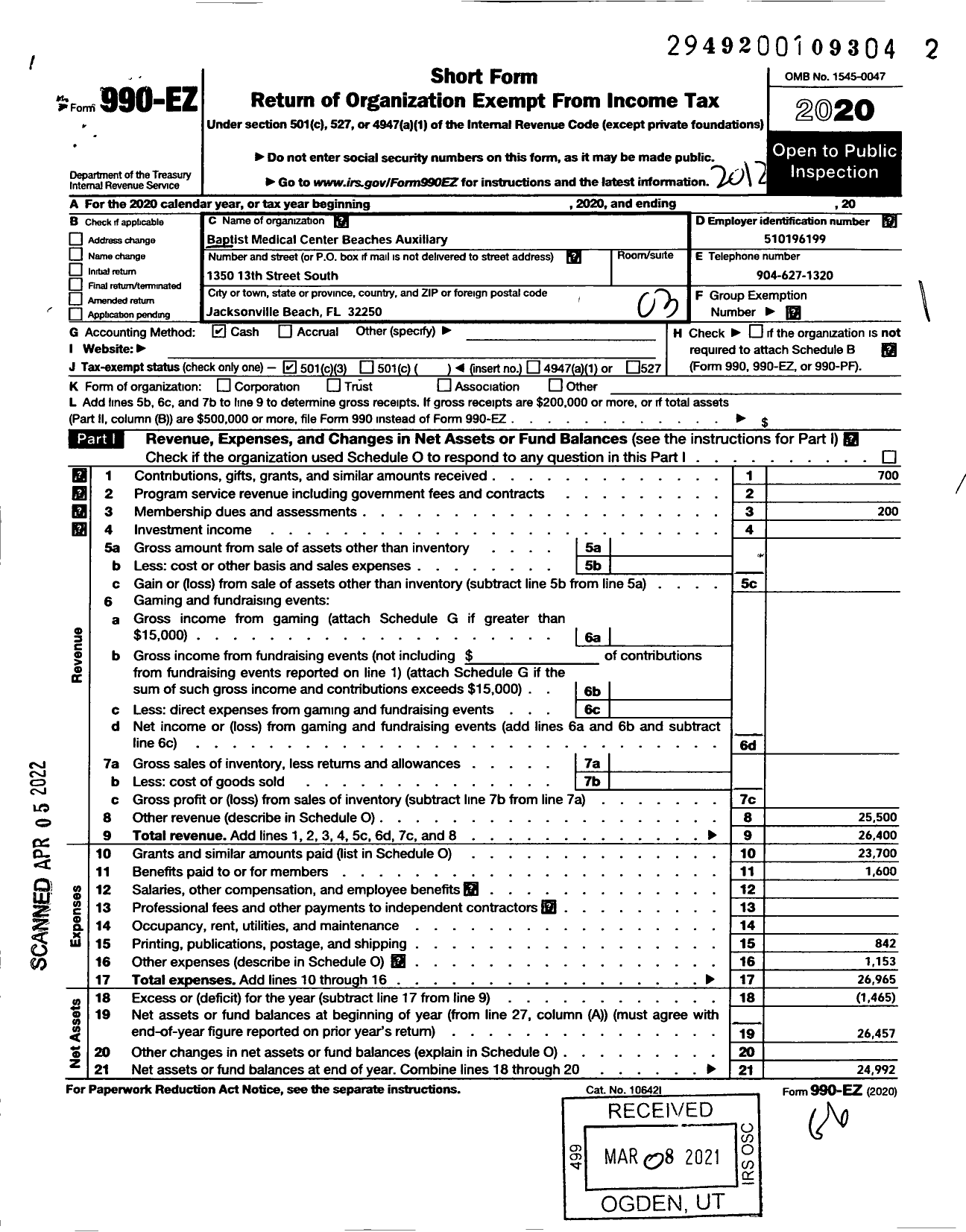 Image of first page of 2020 Form 990EZ for Baptist Medical Center Beaches Auxiliary