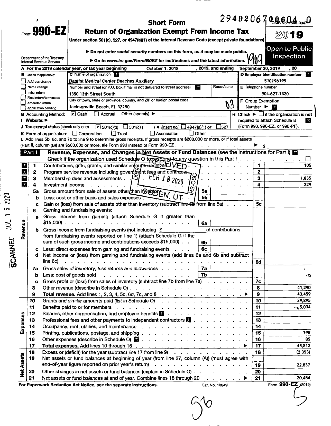 Image of first page of 2018 Form 990EZ for Baptist Medical Center Beaches Auxiliary