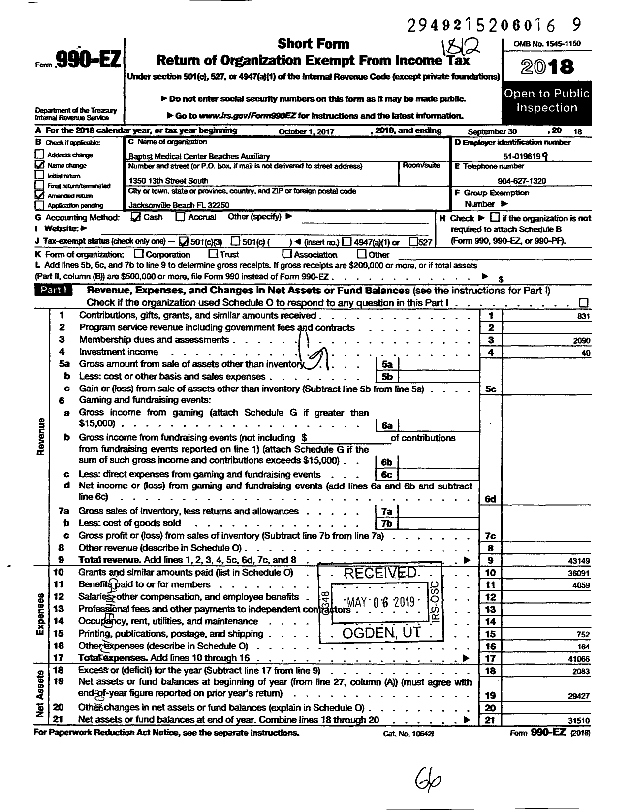 Image of first page of 2018 Form 990EZ for Baptist Medical Center Beaches Auxiliary