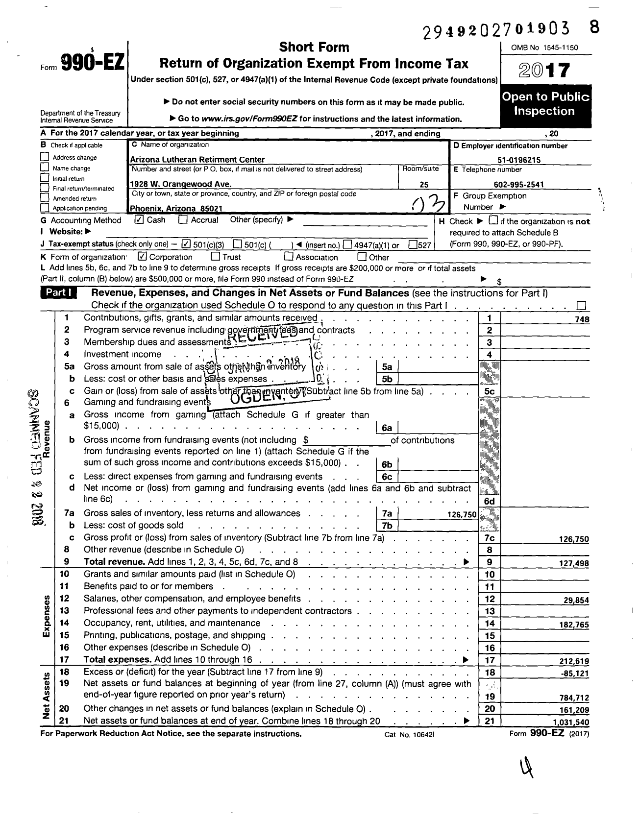 Image of first page of 2017 Form 990EZ for Arizona Lutheran Retirement Center