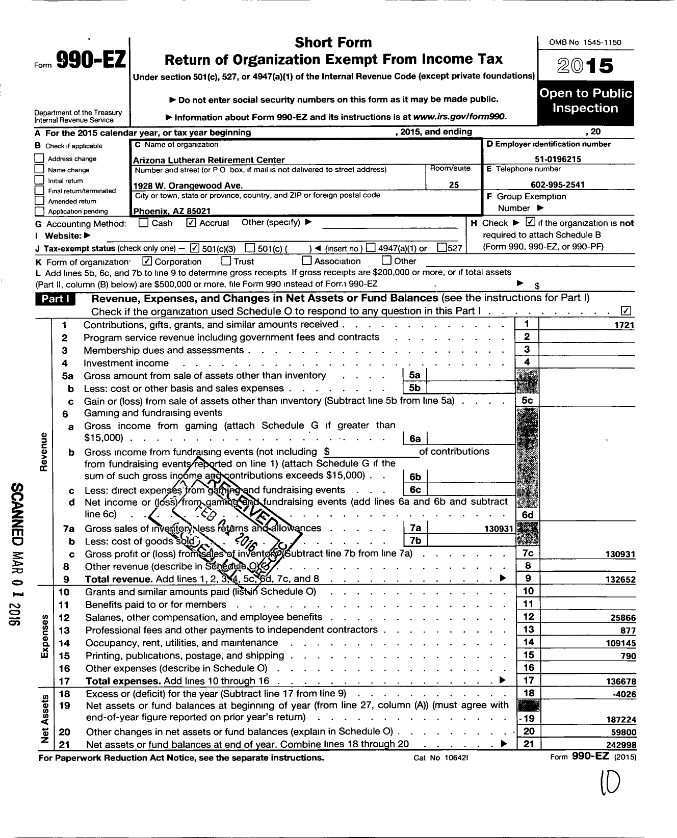 Image of first page of 2015 Form 990EZ for Arizona Lutheran Retirement Center