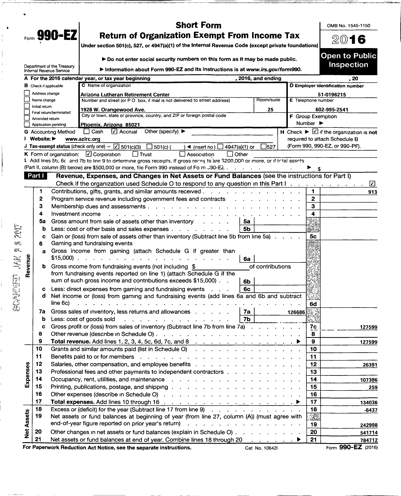 Image of first page of 2016 Form 990EZ for Arizona Lutheran Retirement Center