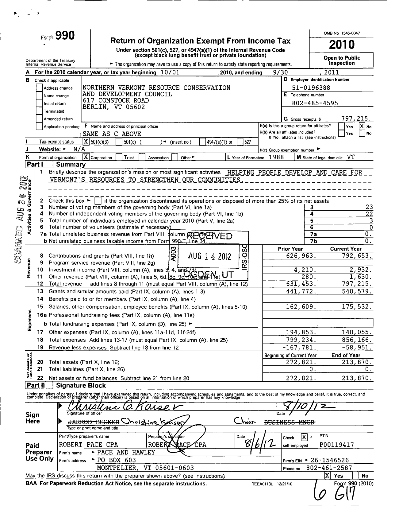 Image of first page of 2010 Form 990 for Northern Vermont Resource Conservation and Development Council