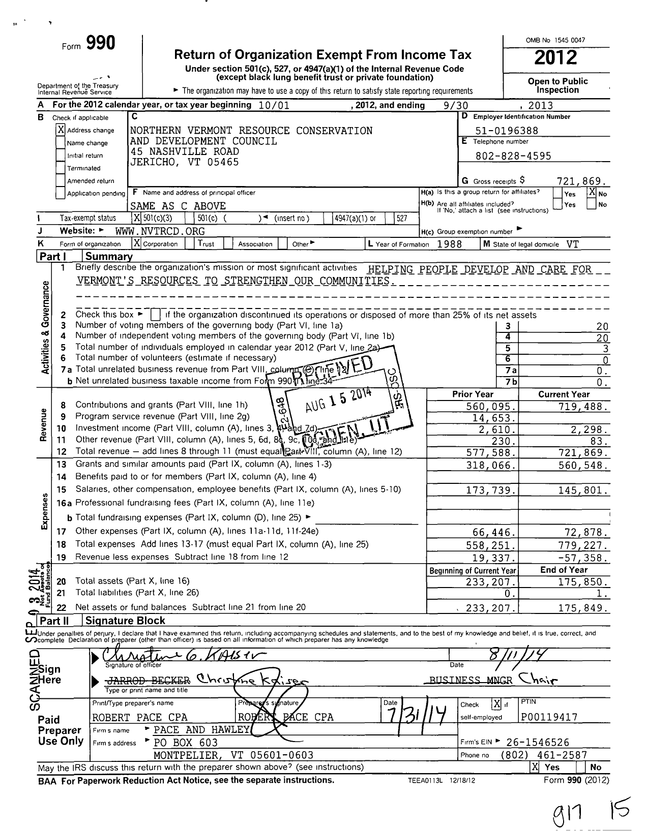 Image of first page of 2012 Form 990 for Northern Vermont Resource Conservation and Development Council