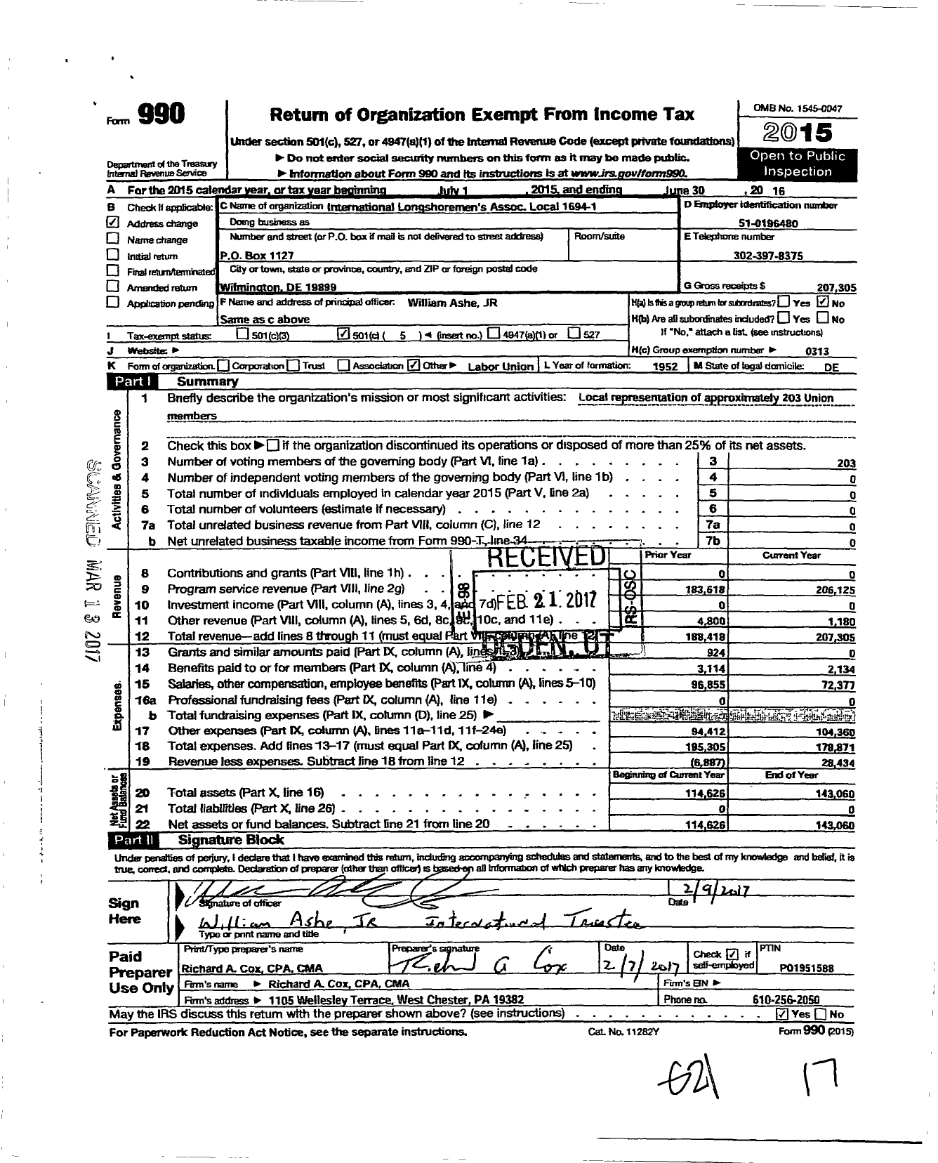 Image of first page of 2015 Form 990O for International Longshoremen's Association - 1694-1 Local