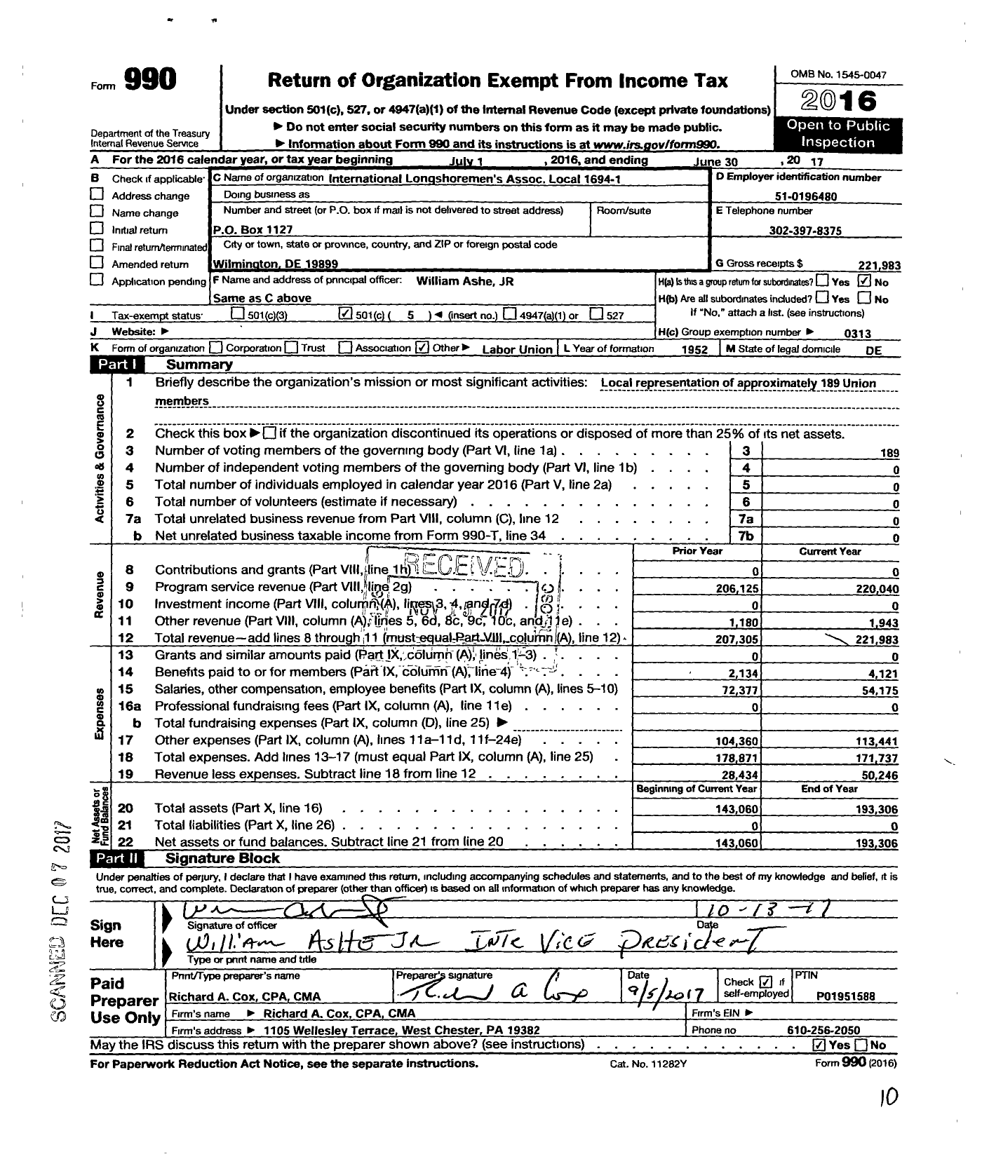 Image of first page of 2016 Form 990O for International Longshoremen's Association - 1694-1 Local