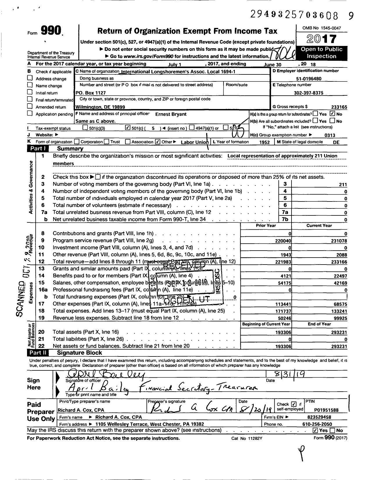 Image of first page of 2017 Form 990O for International Longshoremen's Association - 1694-1 Local