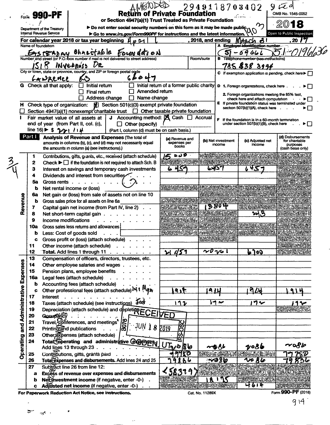 Image of first page of 2018 Form 990PF for Easterday Charitable Foundation