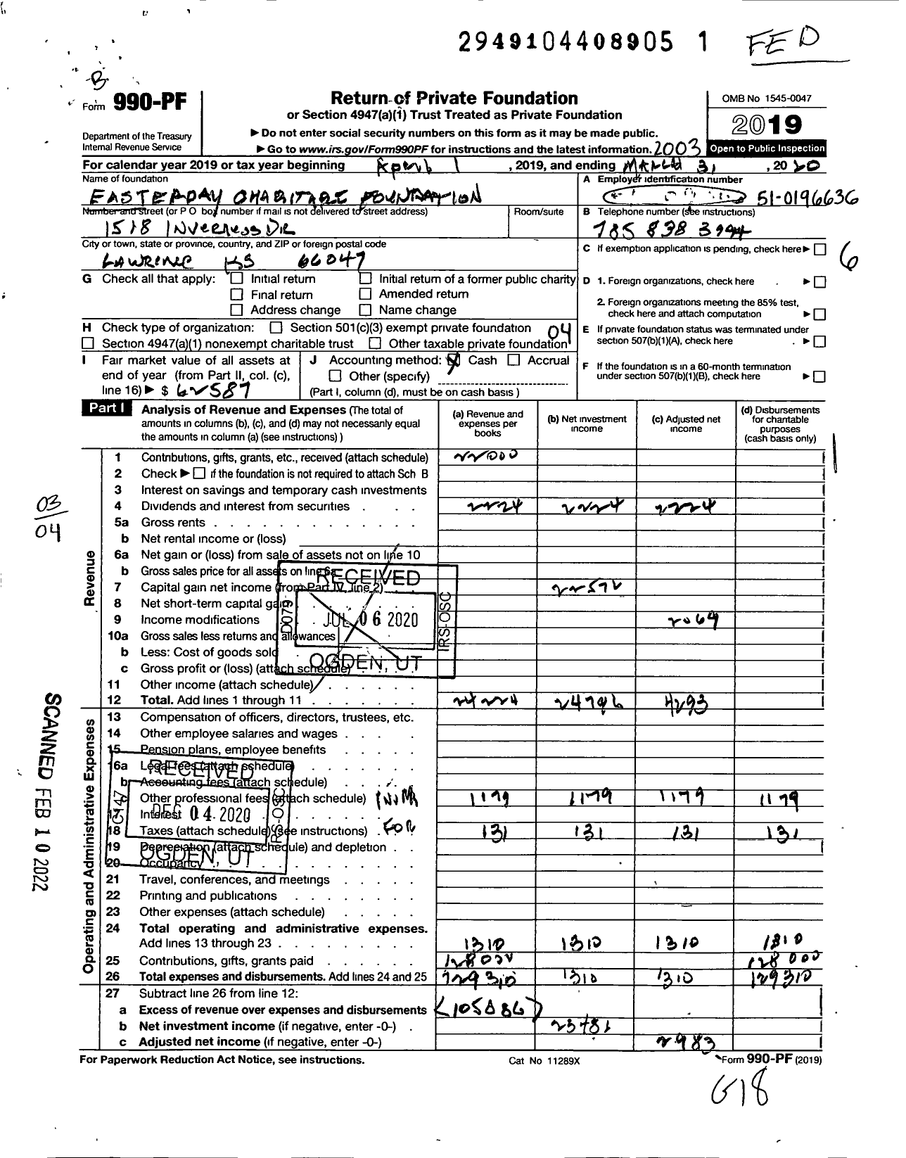 Image of first page of 2019 Form 990PF for Easterday Charitable Foundation