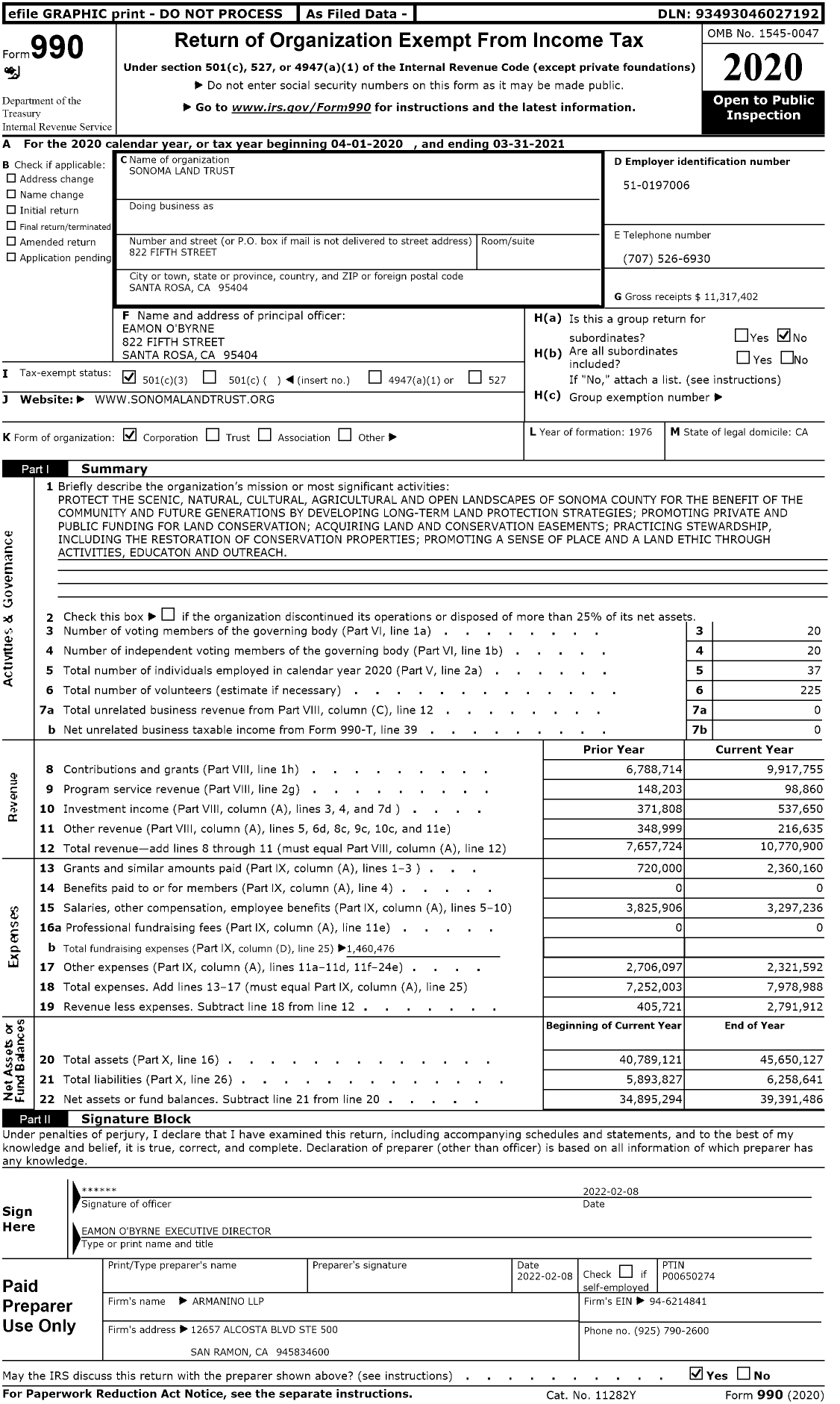 Image of first page of 2020 Form 990 for Sonoma Land Trust