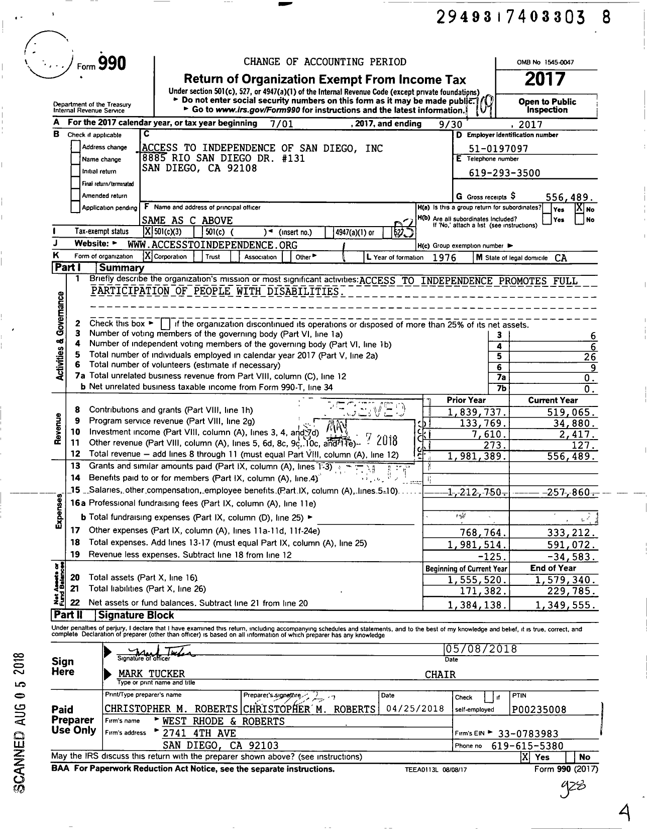 Image of first page of 2016 Form 990 for Access To Independence of San Diego