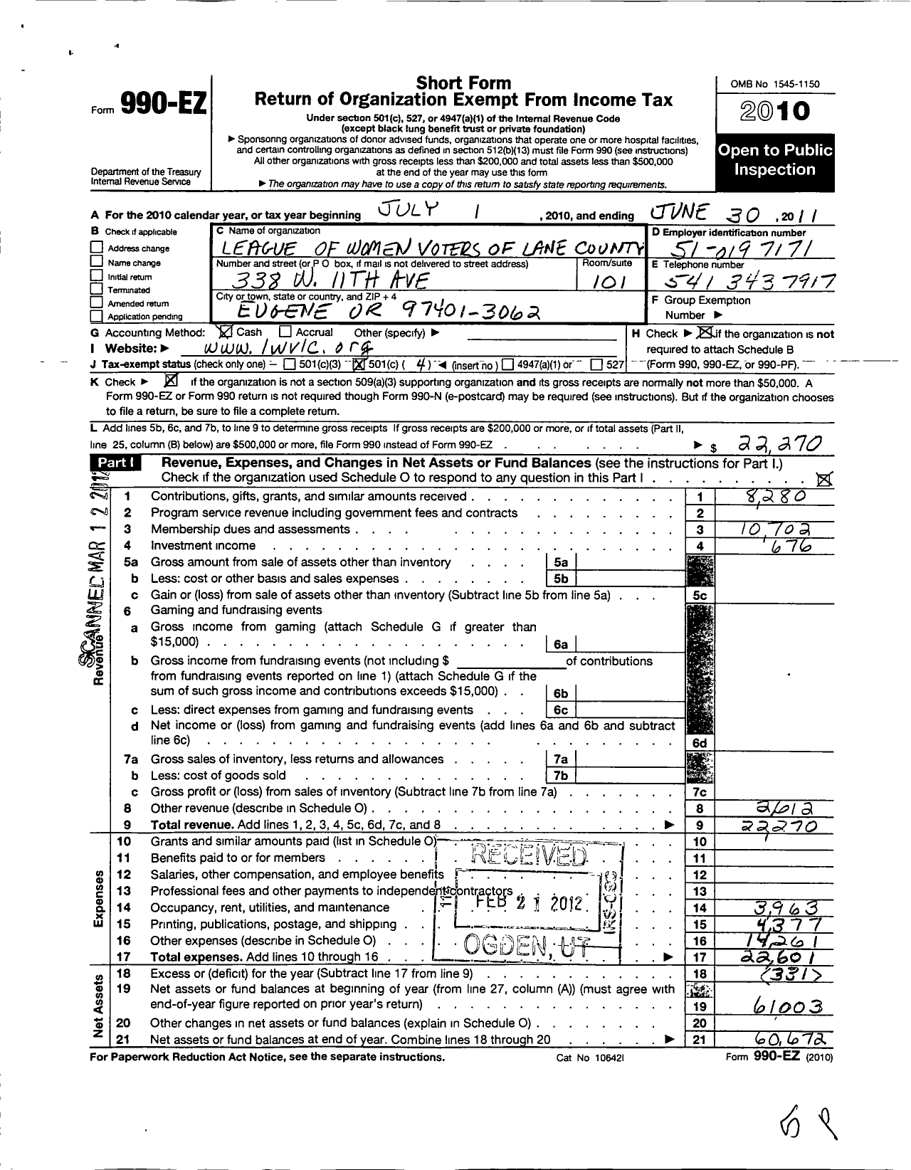 Image of first page of 2010 Form 990EO for League of Women Voters of Lane County