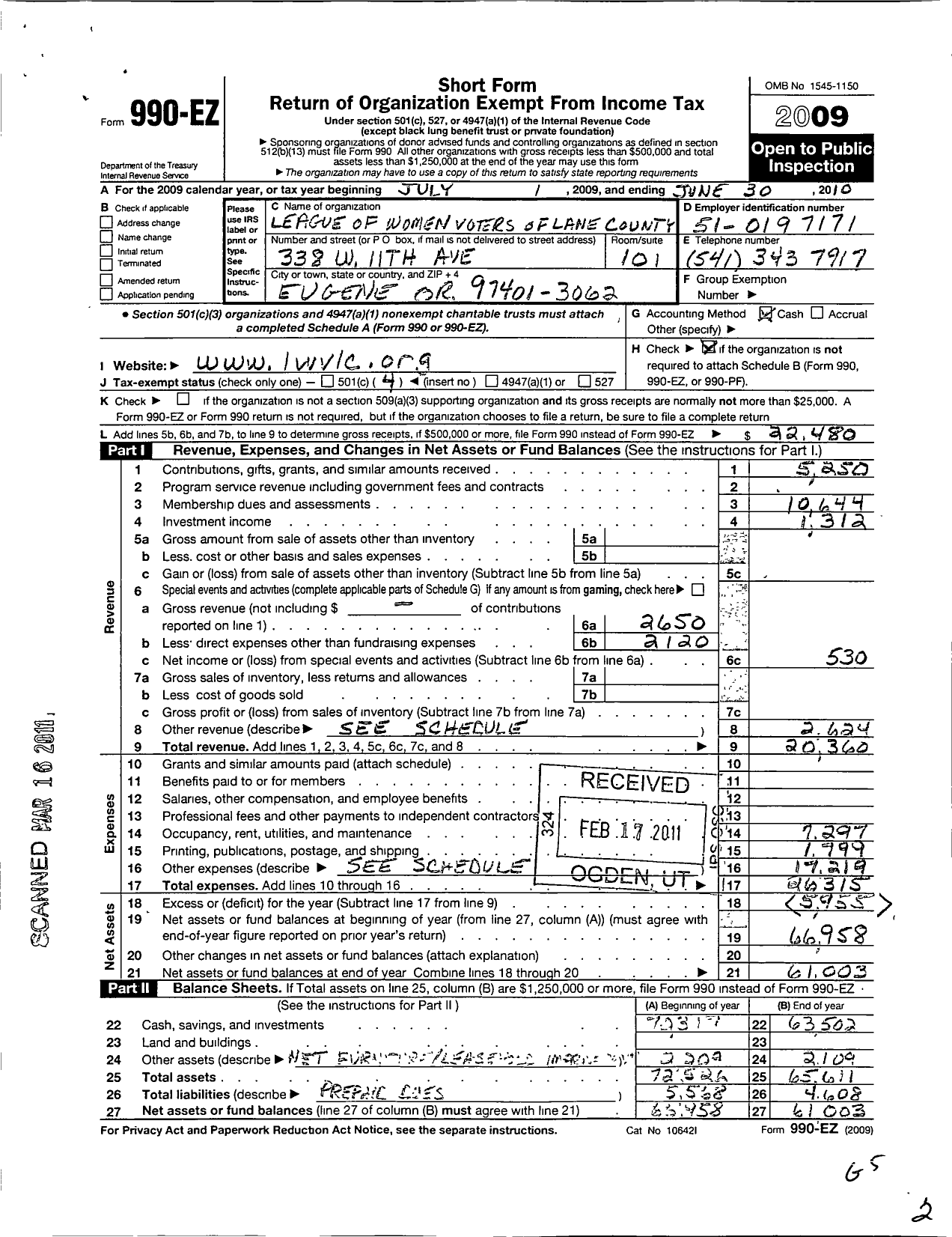 Image of first page of 2009 Form 990EO for League of Women Voters of Lane County