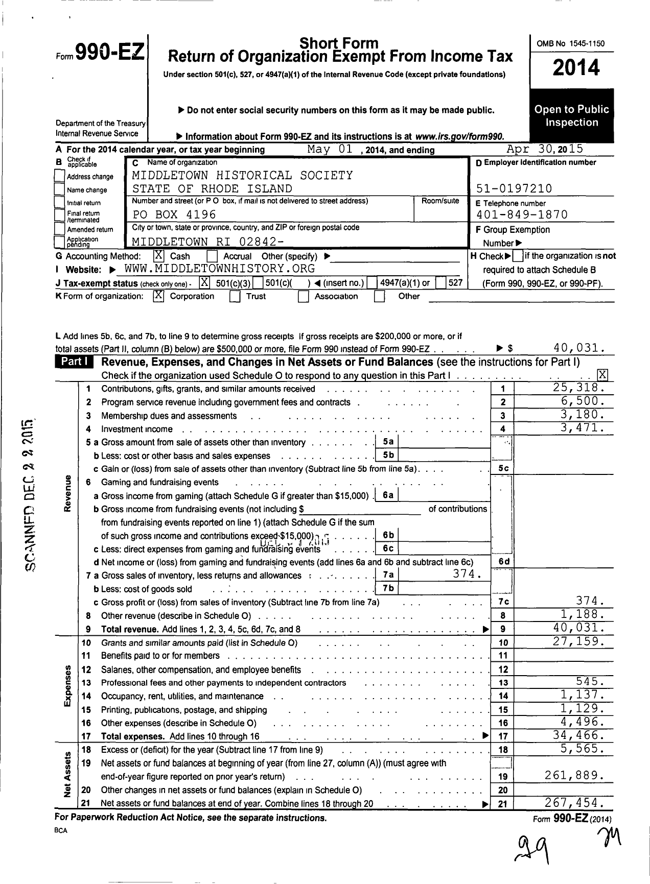 Image of first page of 2014 Form 990EZ for Middletown Historical Society State of Rhode Island