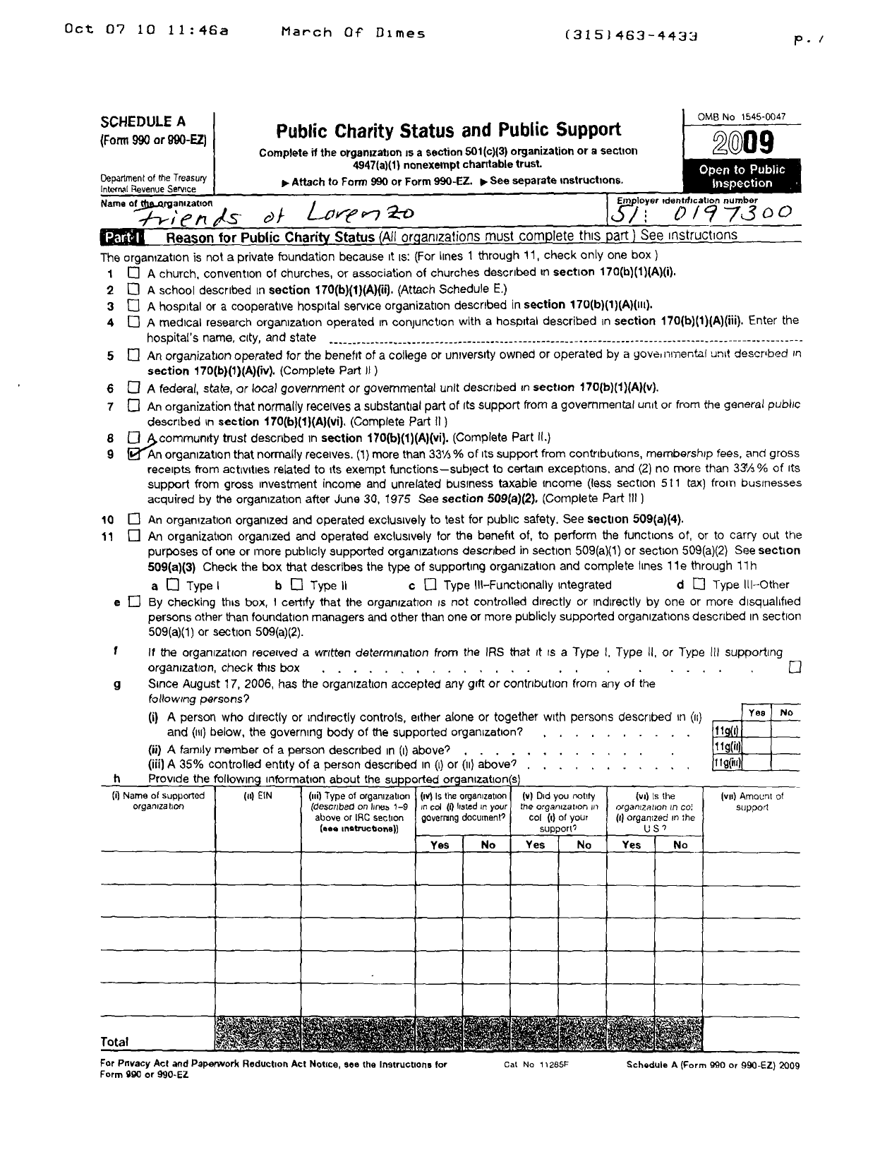 Image of first page of 2009 Form 990ER for Friends of Lorenzo