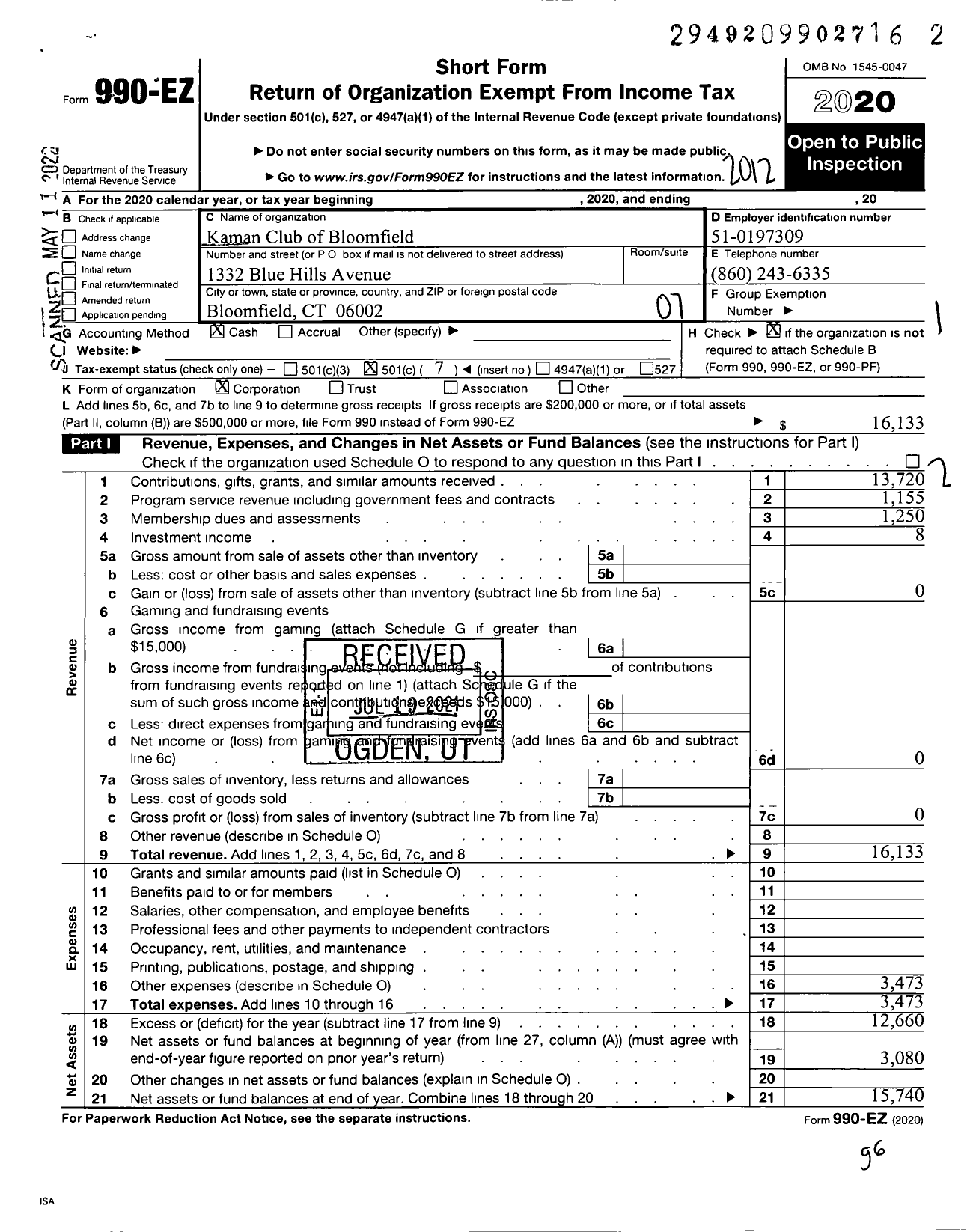 Image of first page of 2020 Form 990EO for Kaman Club of Bloomfield