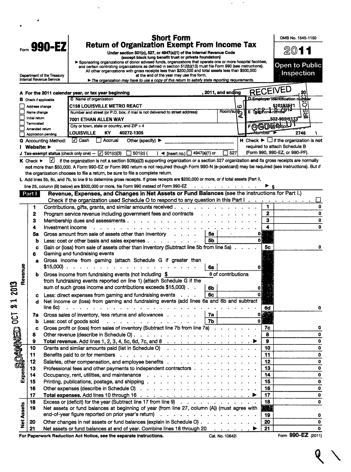 Image of first page of 2011 Form 990EZ for React International / C158 Louisville Metro React