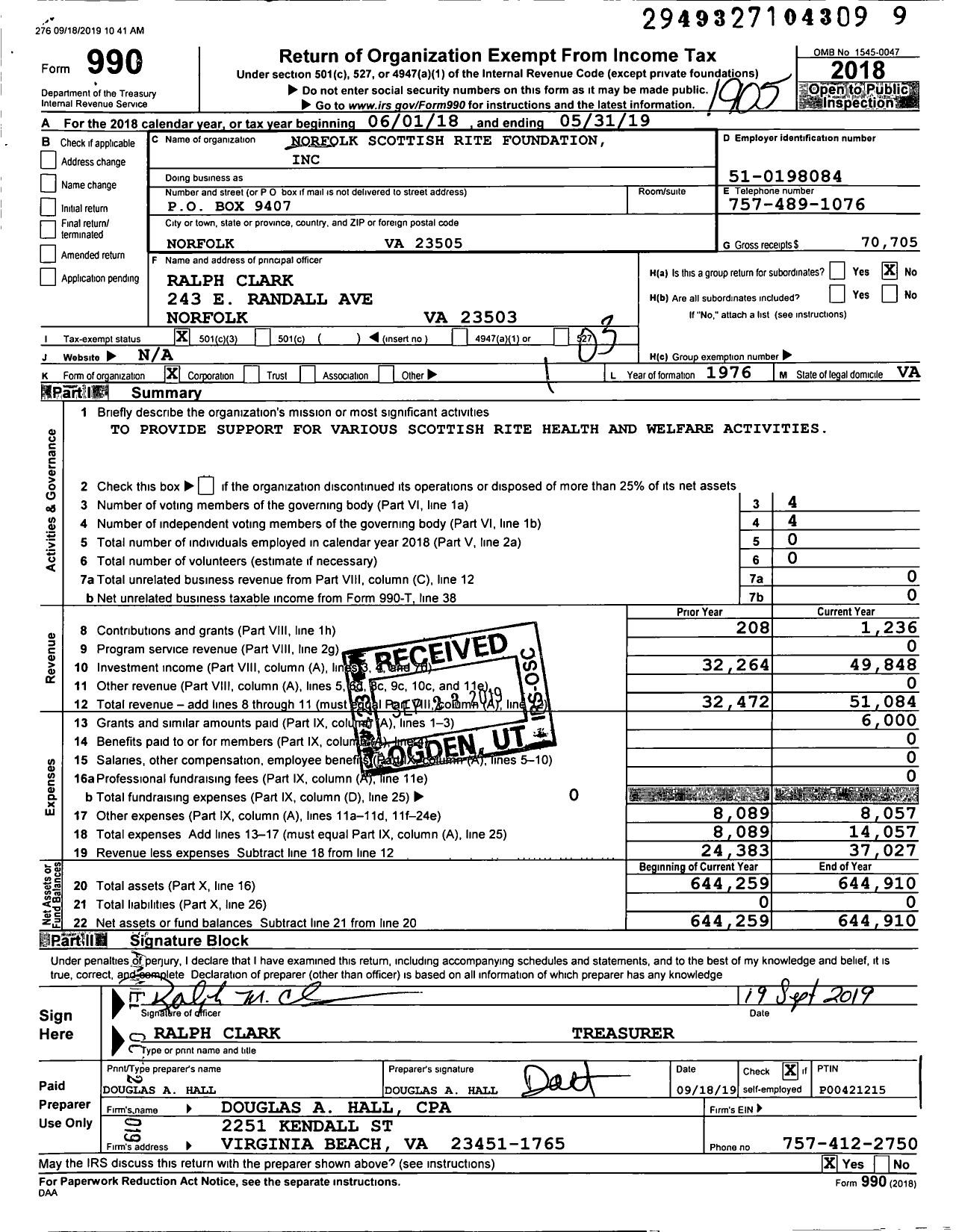 Image of first page of 2018 Form 990 for Norfolk Scottish Rite Foundation