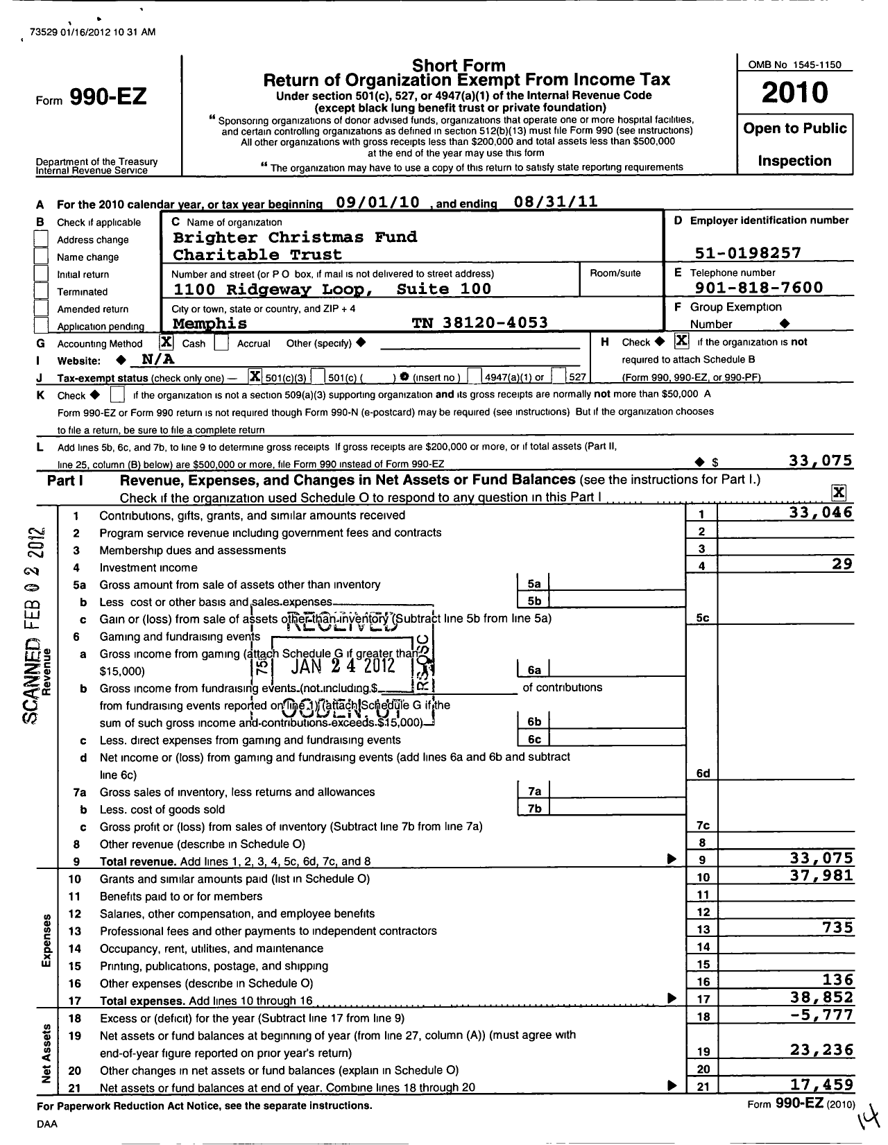 Image of first page of 2010 Form 990EZ for Brighter Christmas Fund Charitable Trust