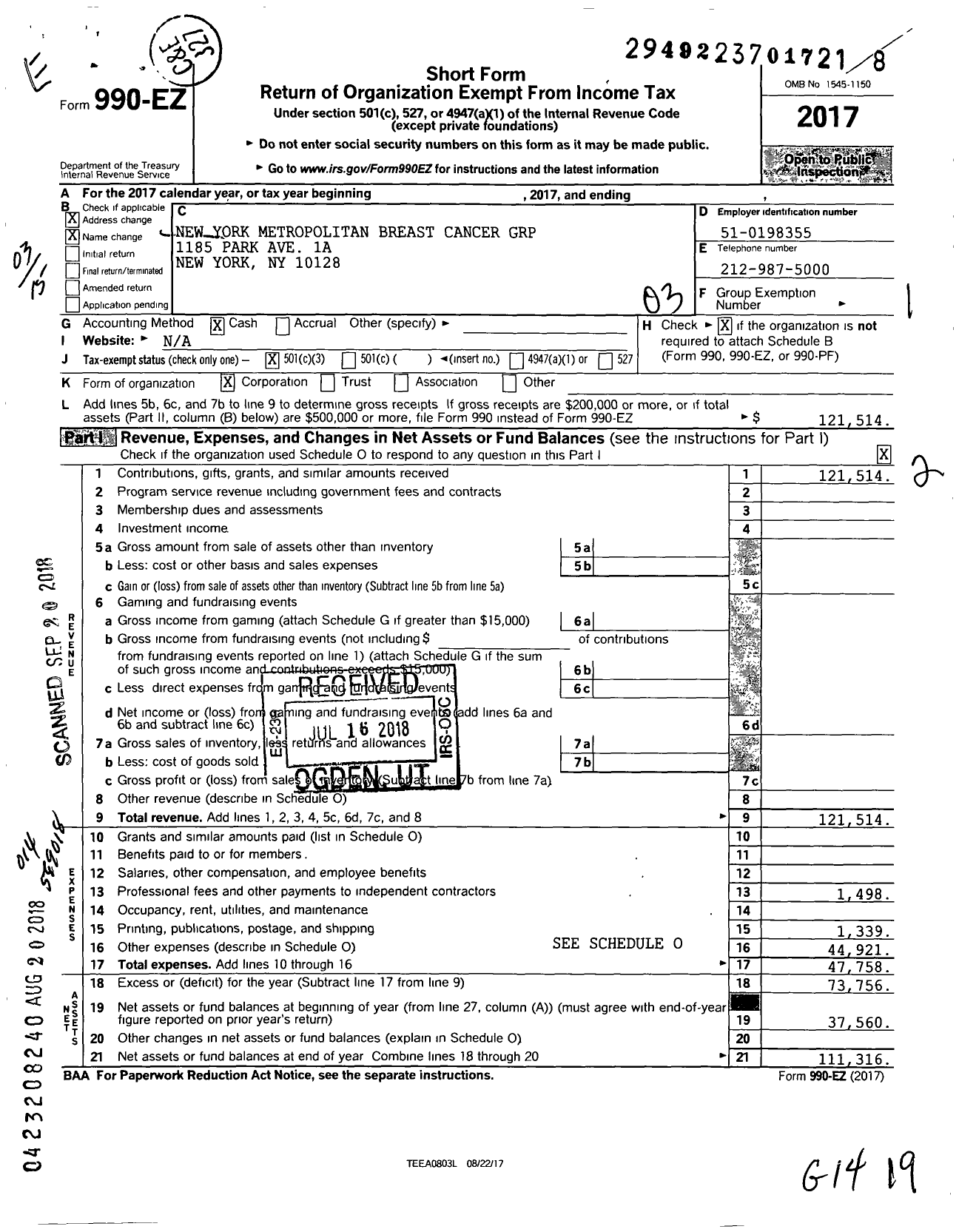 Image of first page of 2017 Form 990EZ for New York Metropolitan Breast Cancer Group