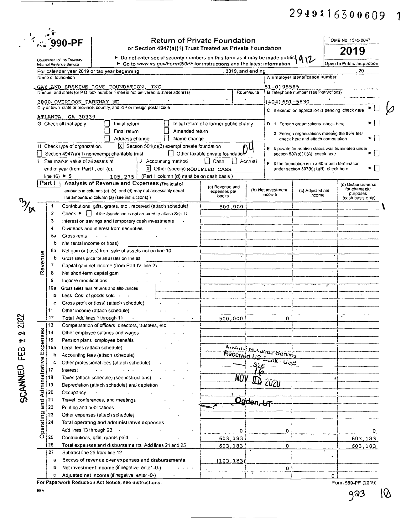 Image of first page of 2019 Form 990PF for Gay and Erskine Love Foundation