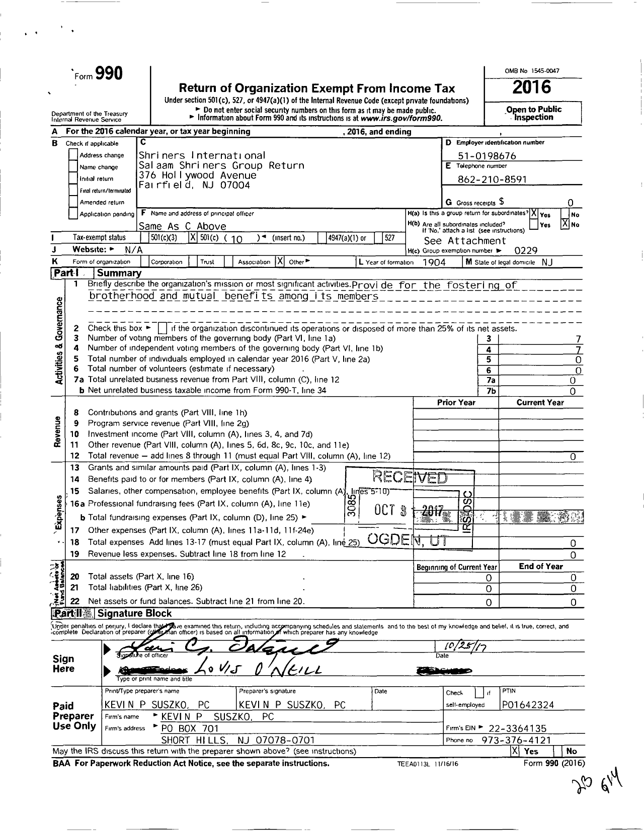 Image of first page of 2016 Form 990O for Shriners International Salaam Shriners Group Return