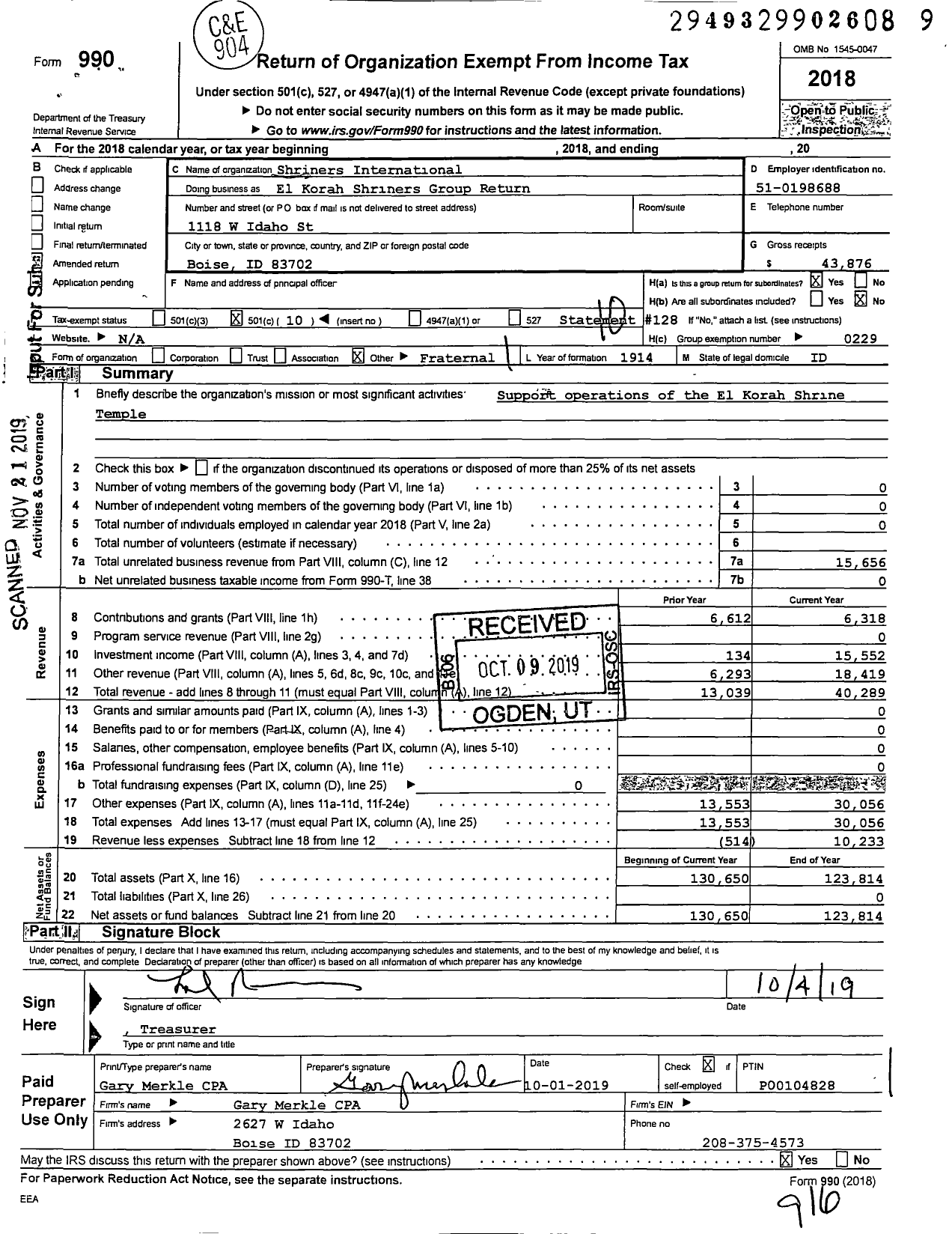 Image of first page of 2018 Form 990O for Shriners International - El Korah Shriners Group Return