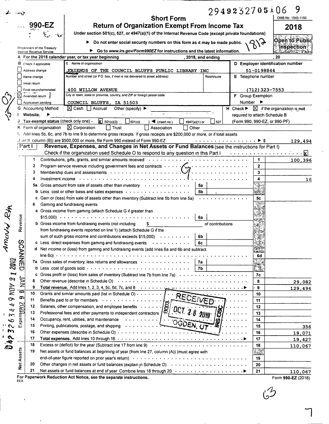 Image of first page of 2018 Form 990EZ for Friends of the Council Bluffs Public Library