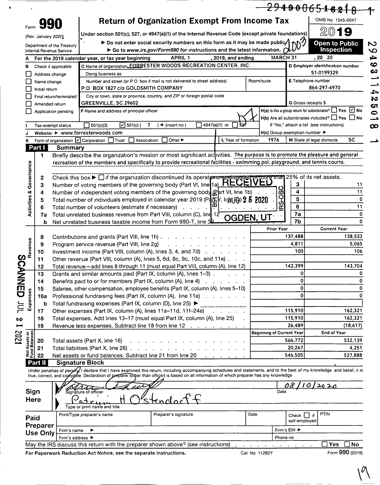 Image of first page of 2019 Form 990O for Forrester Woods Recreational Center