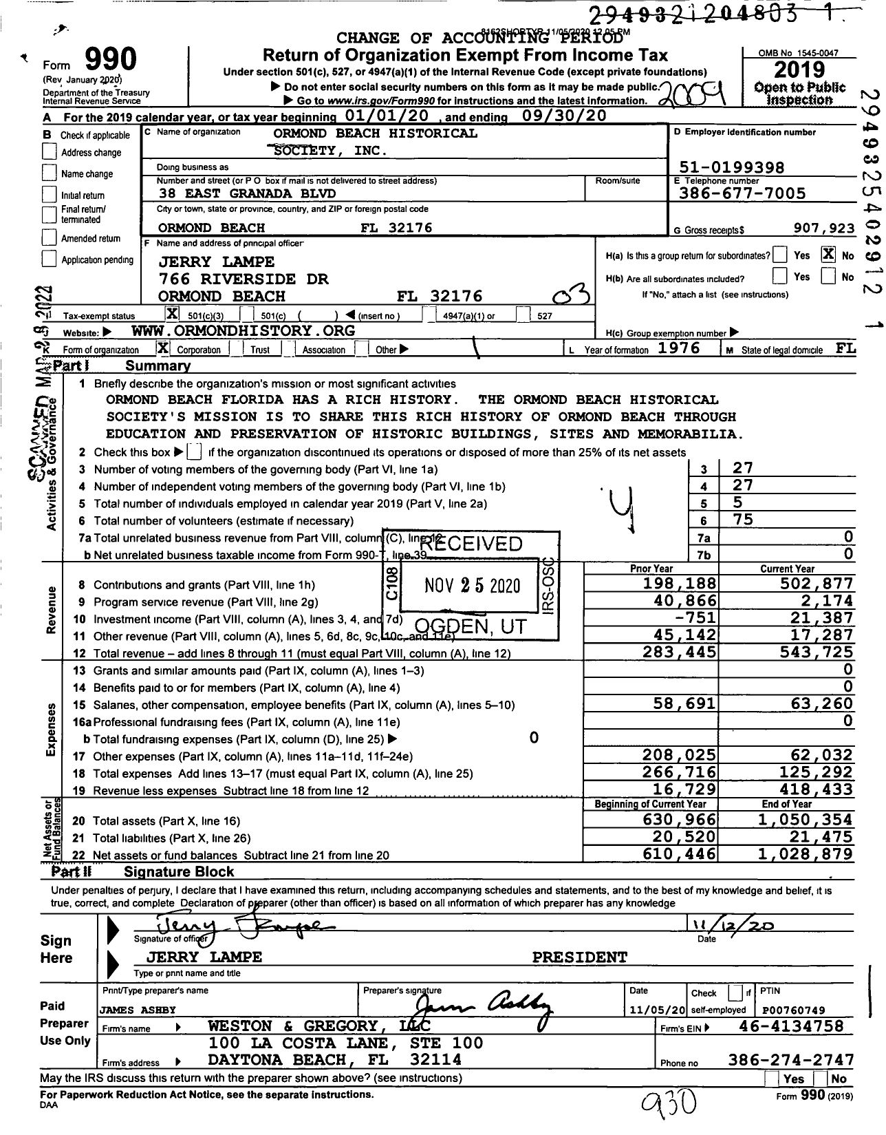 Image of first page of 2019 Form 990 for Ormond Beach Historical Society