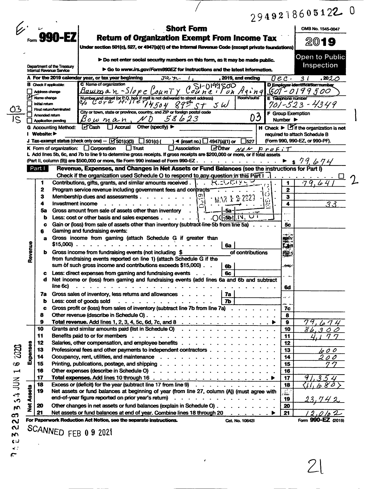 Image of first page of 2020 Form 990EZ for Bowman - Slope County Council on Aging