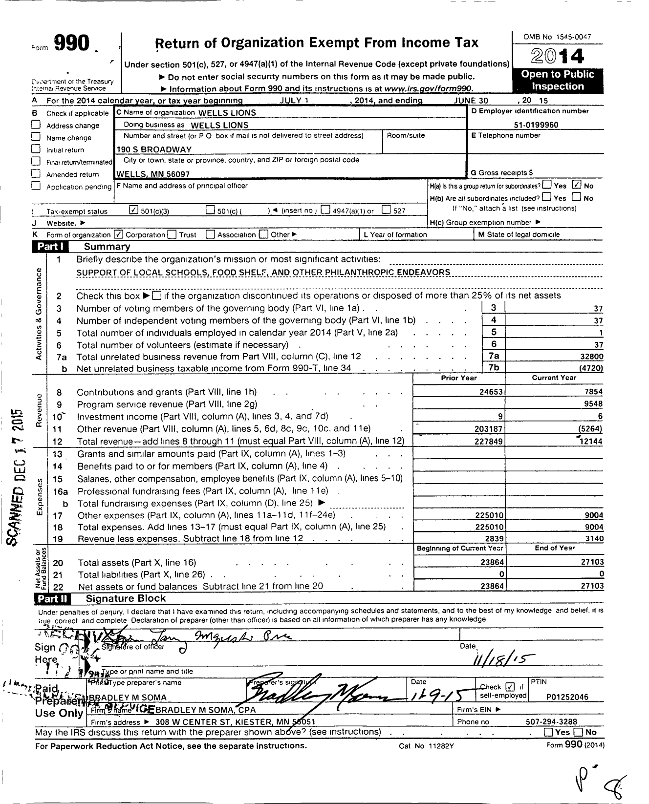 Image of first page of 2014 Form 990 for Lions Clubs - 31730 Wells