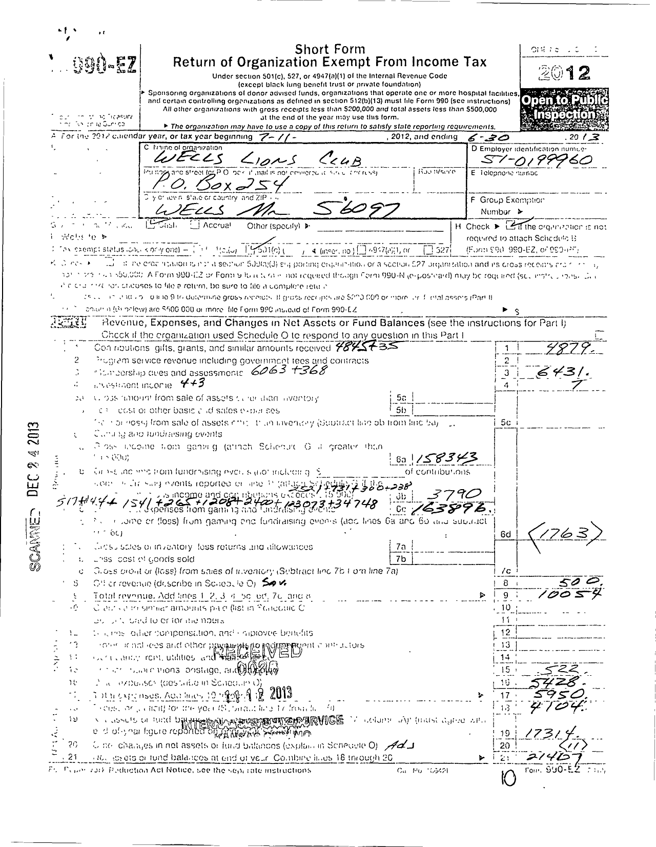 Image of first page of 2012 Form 990EO for Lions Clubs - 31730 Wells