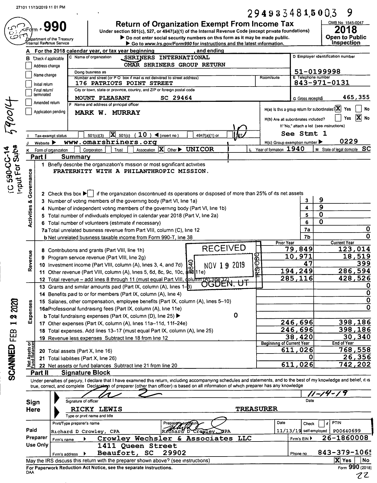Image of first page of 2018 Form 990O for Omar Shriners International Group