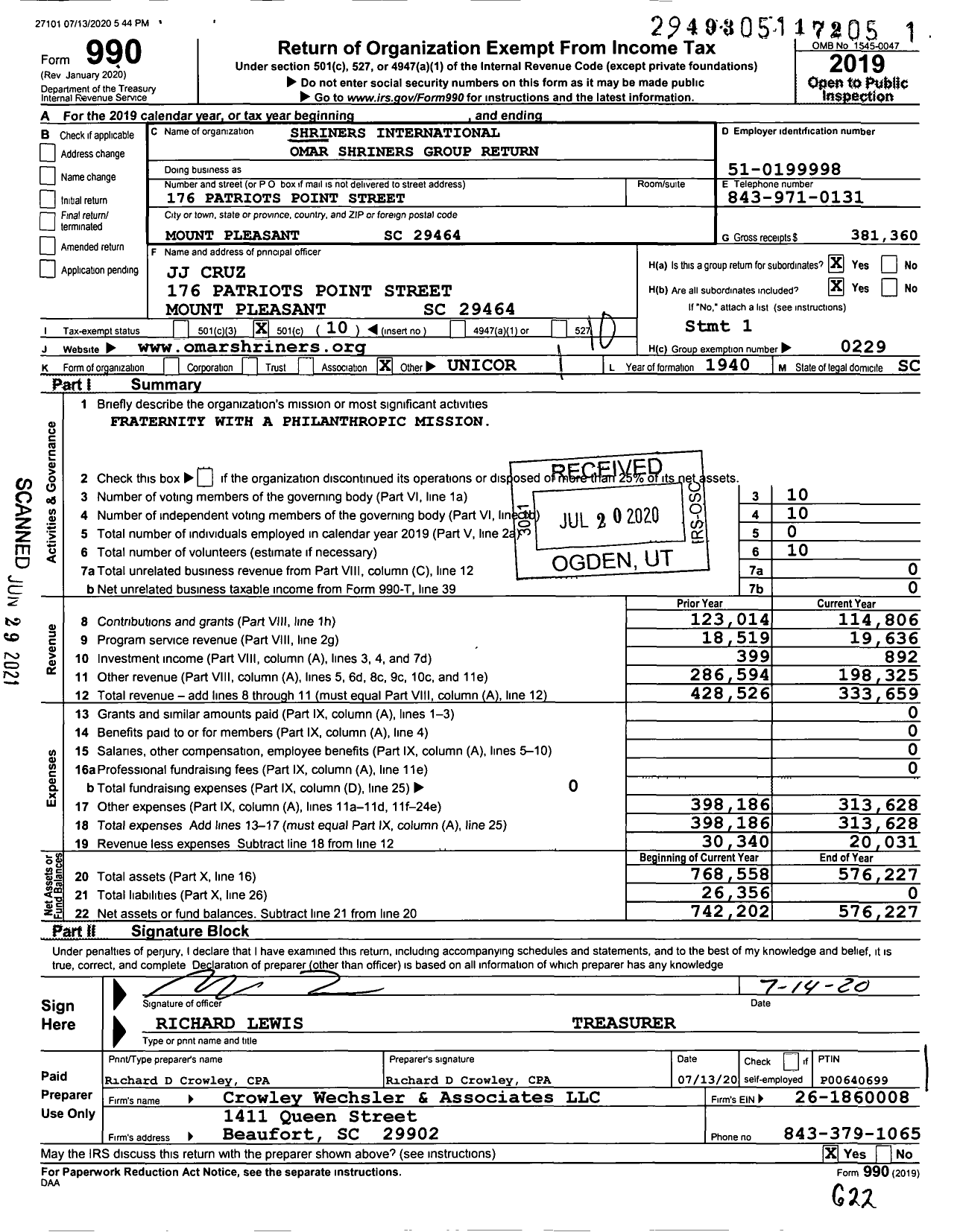 Image of first page of 2019 Form 990O for Omar Shriners International Group