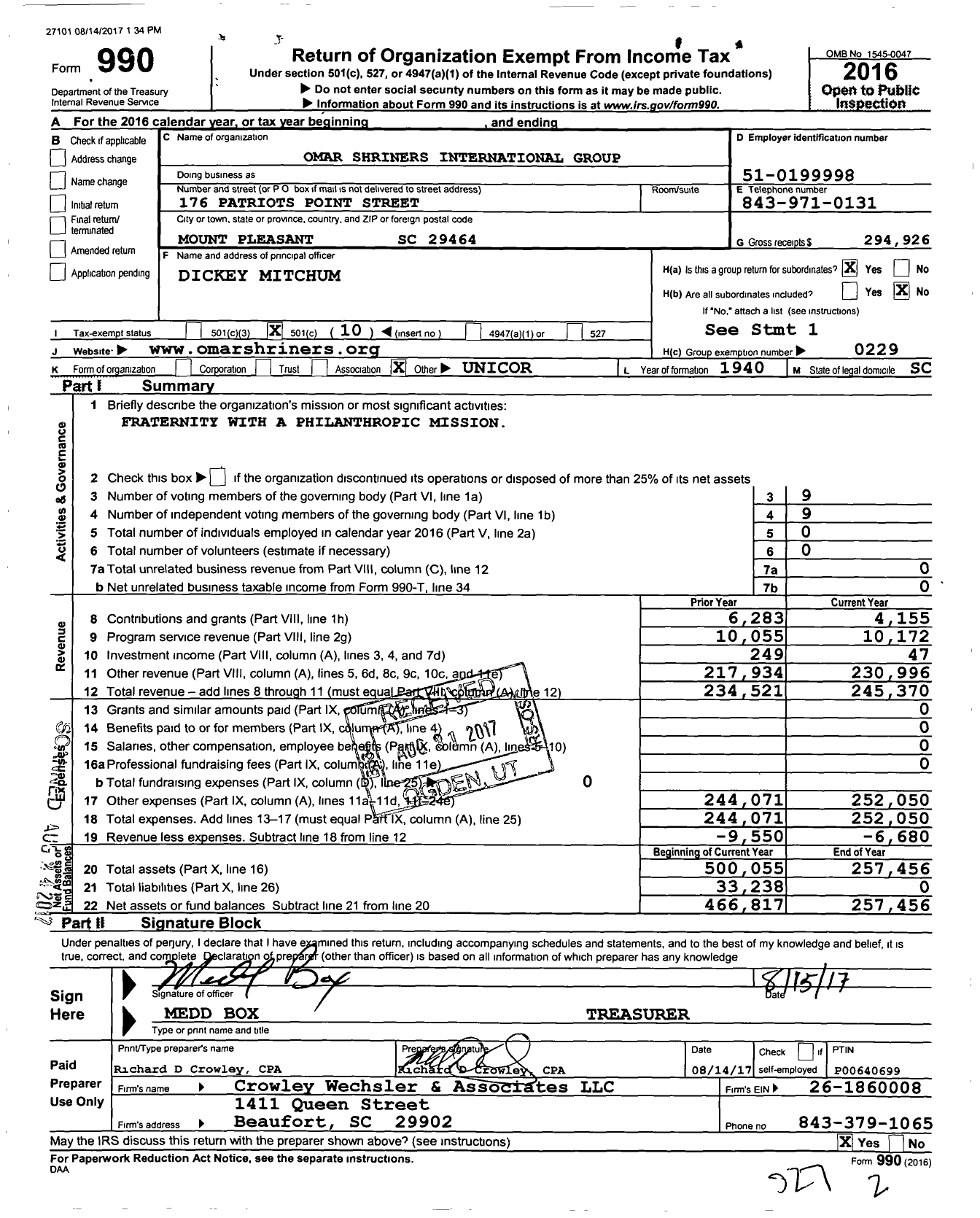 Image of first page of 2016 Form 990O for Omar Shriners International Group