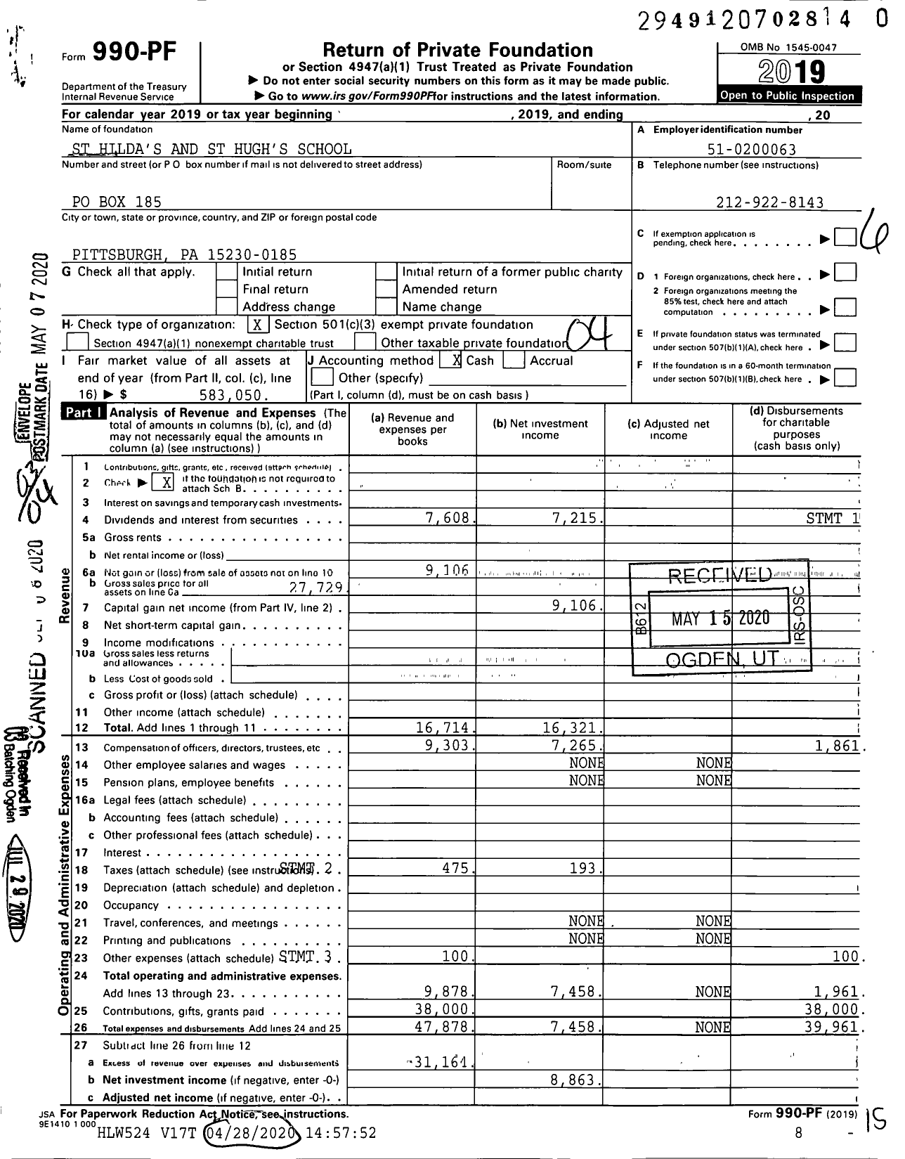 Image of first page of 2019 Form 990PR for St Hilda's and St Hugh's School