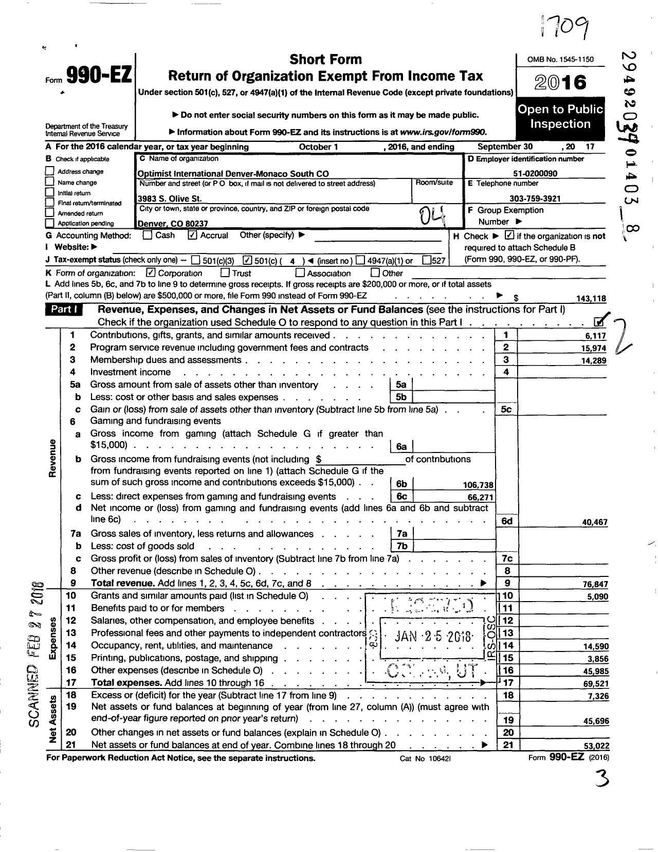 Image of first page of 2016 Form 990EO for OPTIMIST International Denver-Monaco South