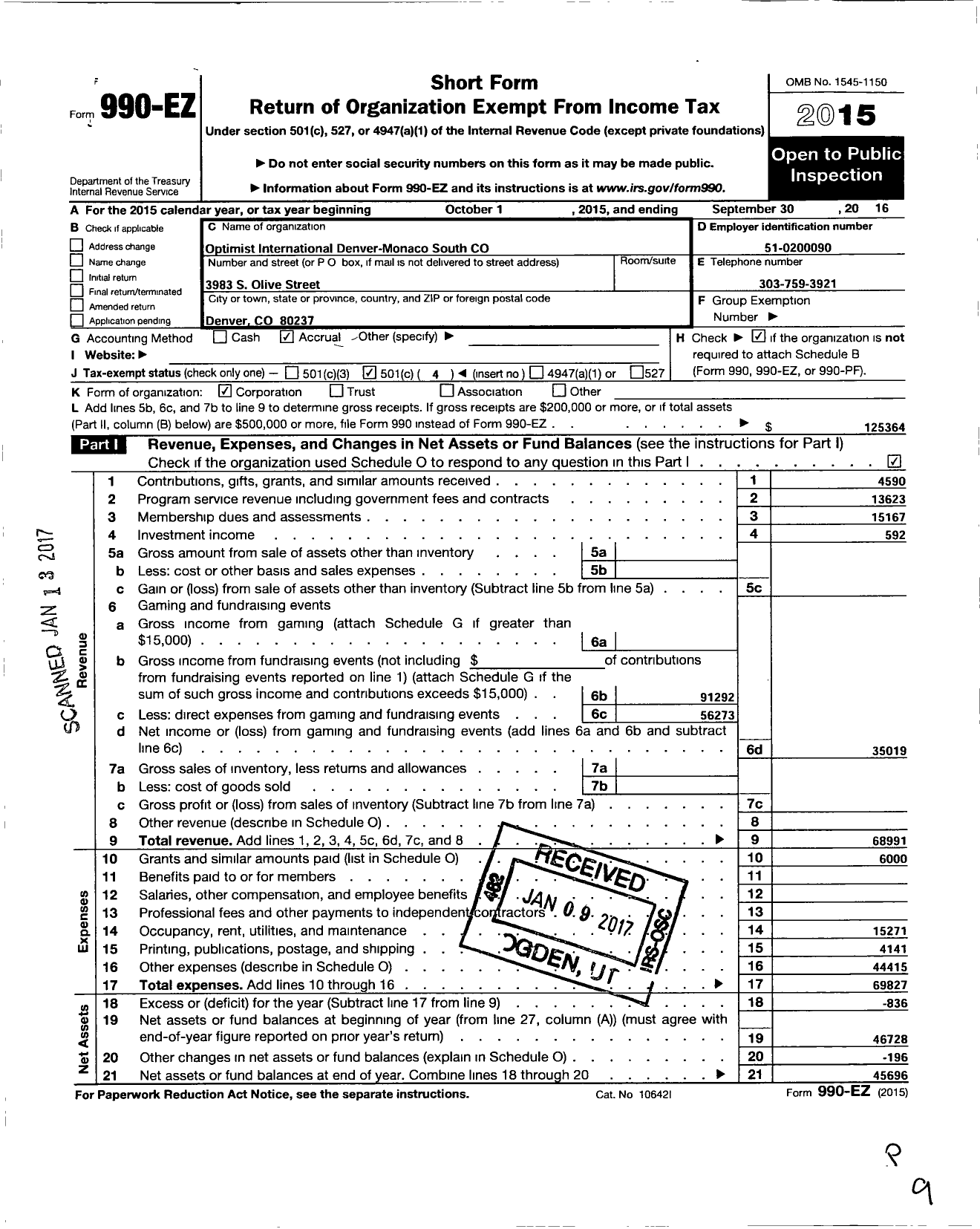 Image of first page of 2015 Form 990EO for OPTIMIST International Denver-Monaco South