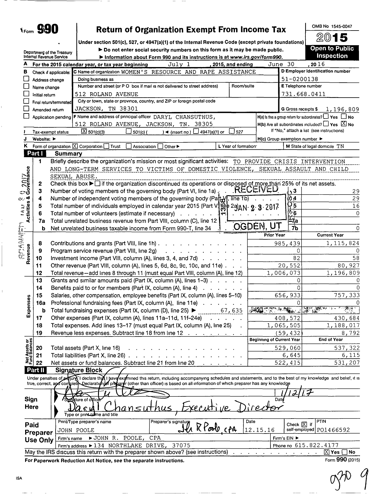 Image of first page of 2015 Form 990 for Women's Resource and Rape Assistance