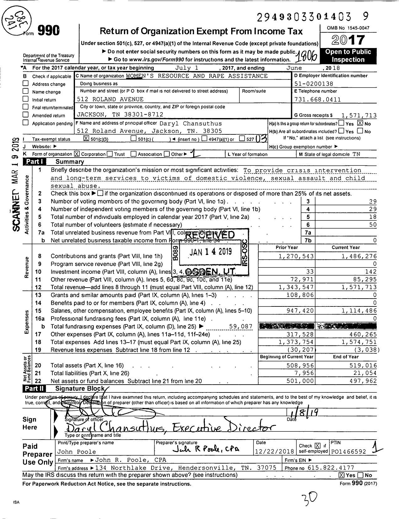 Image of first page of 2017 Form 990 for Women's Resource and Rape Assistance