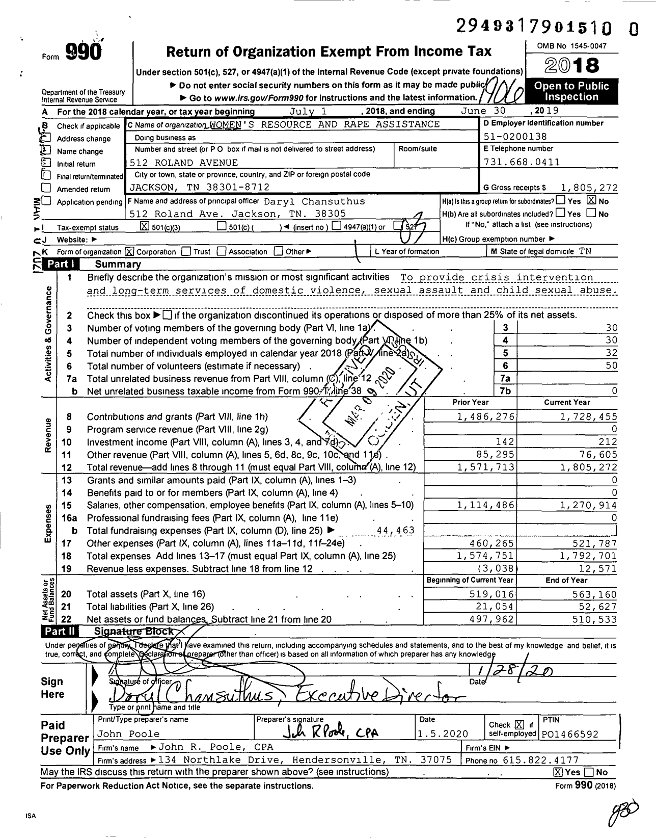 Image of first page of 2018 Form 990 for Women's Resource and Rape Assistance