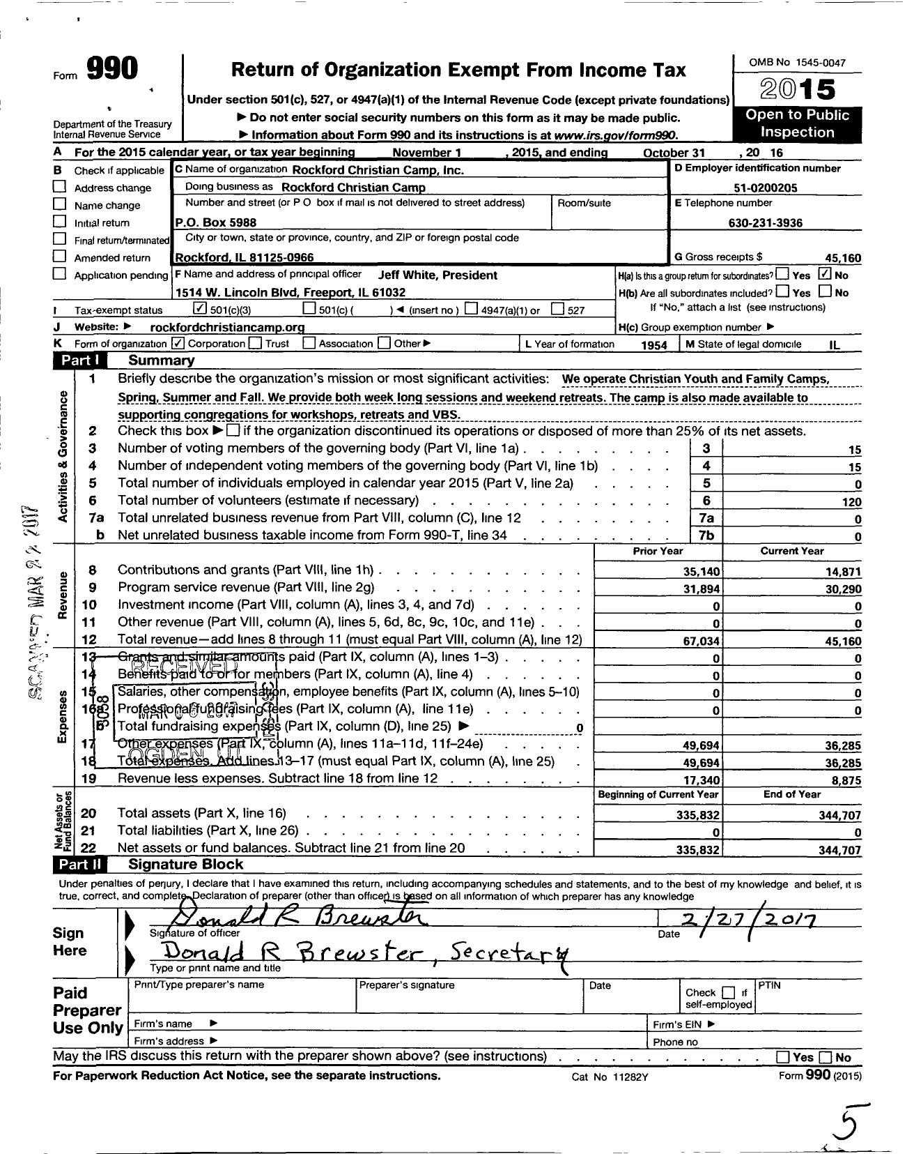 Image of first page of 2015 Form 990 for Rockford Christian Camp
