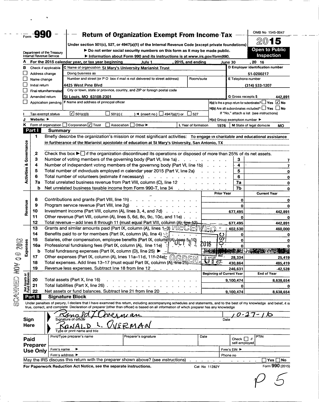 Image of first page of 2015 Form 990 for ST MARYS UNIVersity MARIANIST TRUST