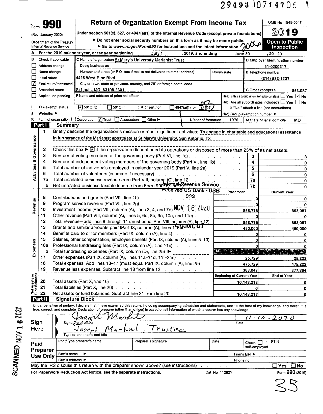 Image of first page of 2019 Form 990 for ST MARYS UNIVersity MARIANIST TRUST