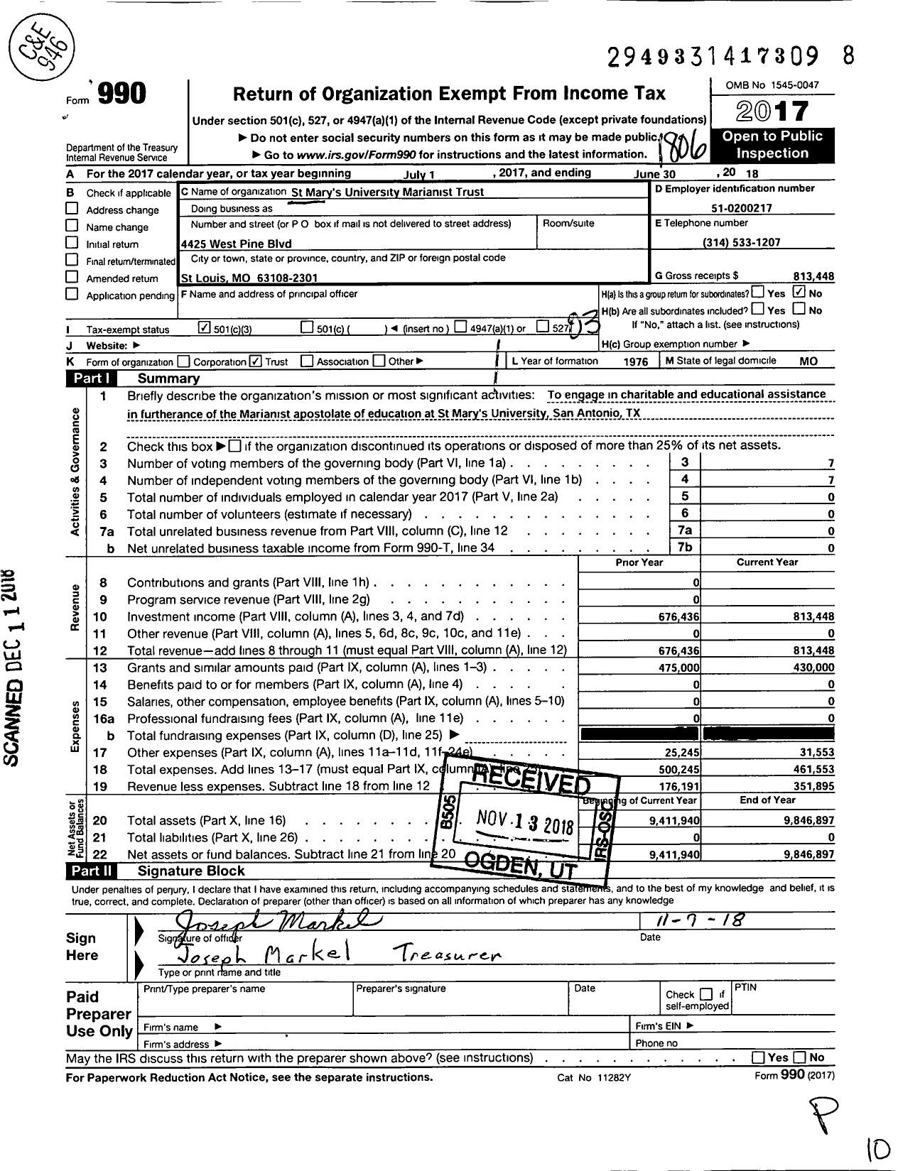 Image of first page of 2017 Form 990 for ST MARYS UNIVersity MARIANIST TRUST